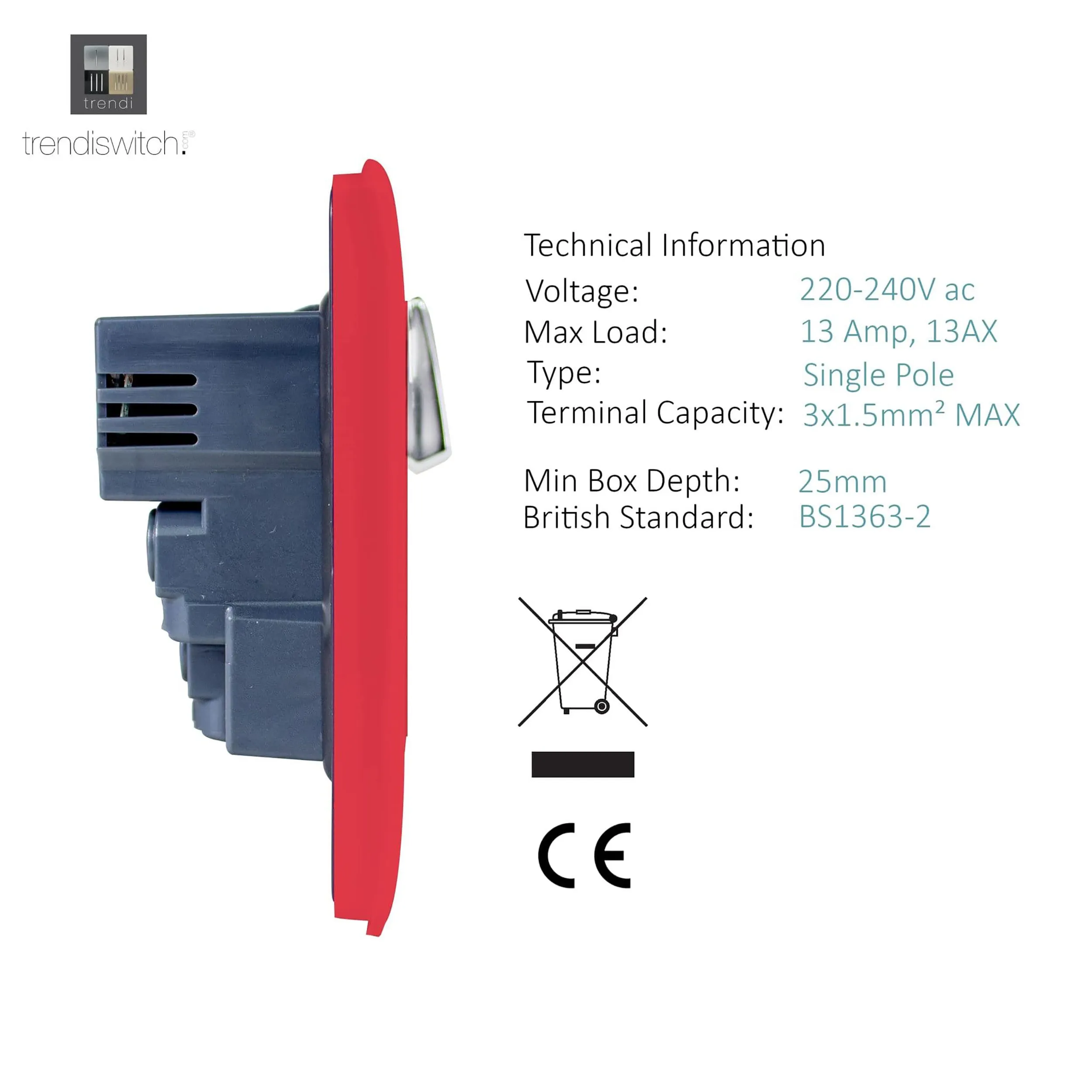 1 Gang 13Amp Switched Single Socket With 2 x USB Strawberry ART-SKT13USBSB  Trendi Strawberry